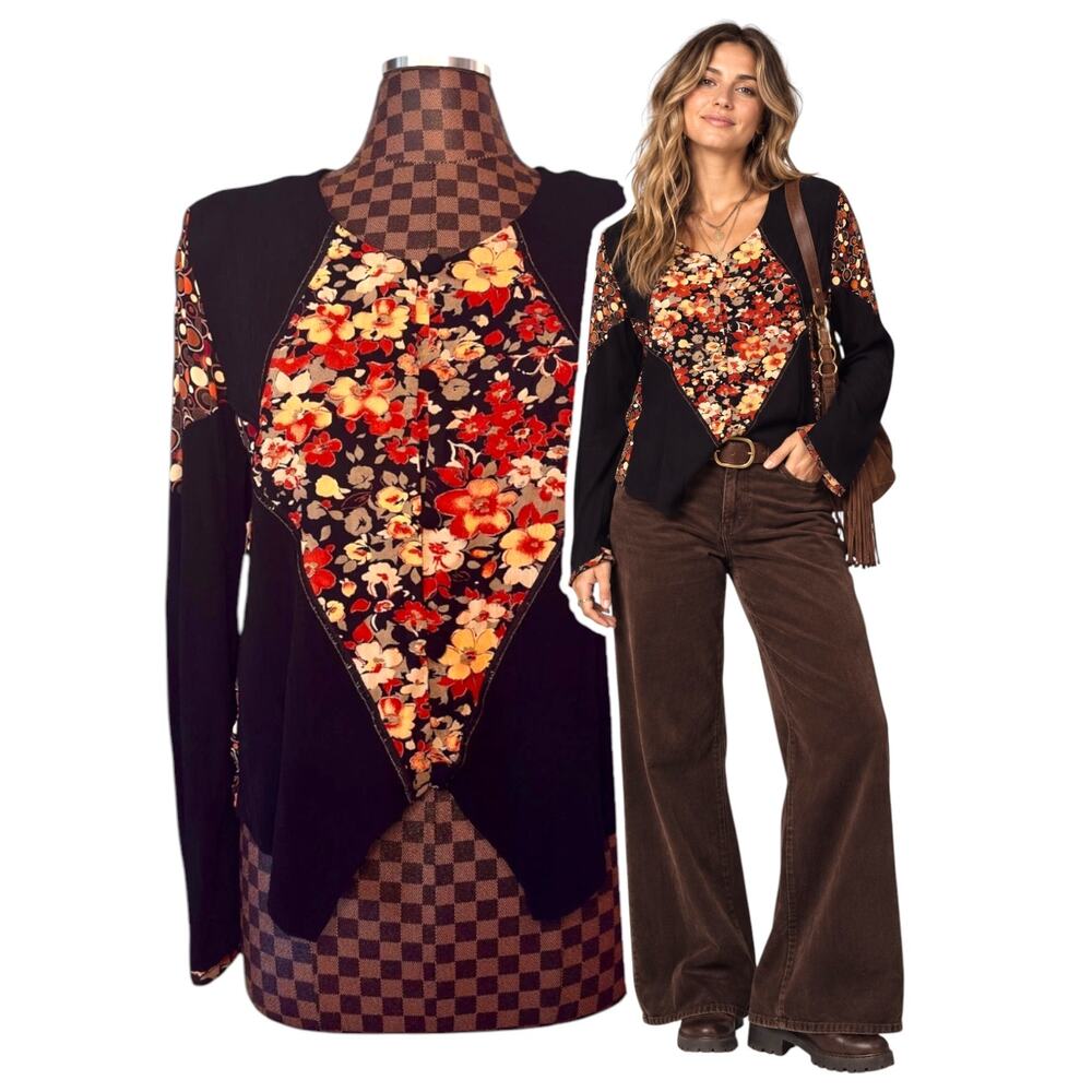 Asymmetrical Blouse Size Large Patchwork Floral Polka Dot Boho Avant Garde Vtg